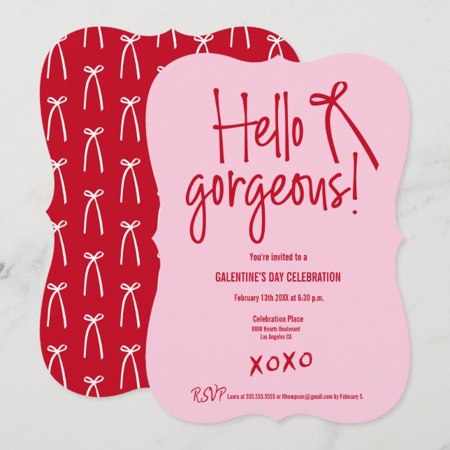 Convites Hello Gorgeous bow Galentine’s Day Red and Pink  (Frente/Verso)
