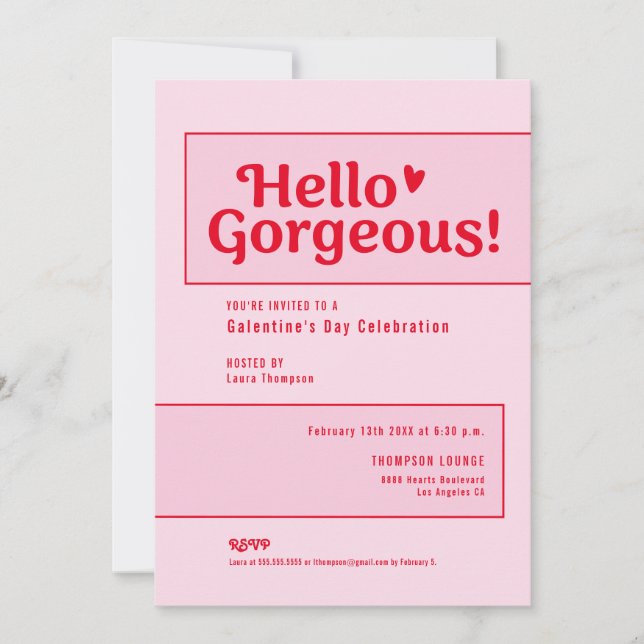 Convites Hello Gorgeous Galentine’s Day Pink Red playful (Frente)