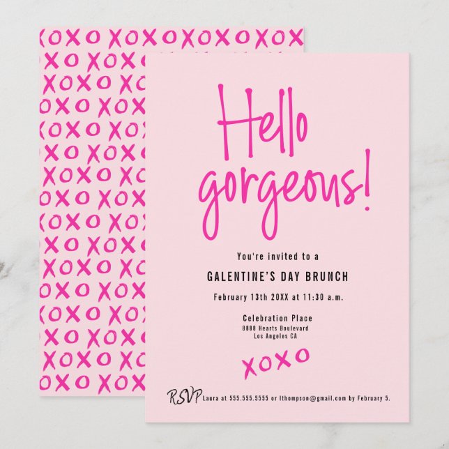 Convites Hello Gorgeous XOXO Pink Galentine’s Day Brunch  (Frente/Verso)