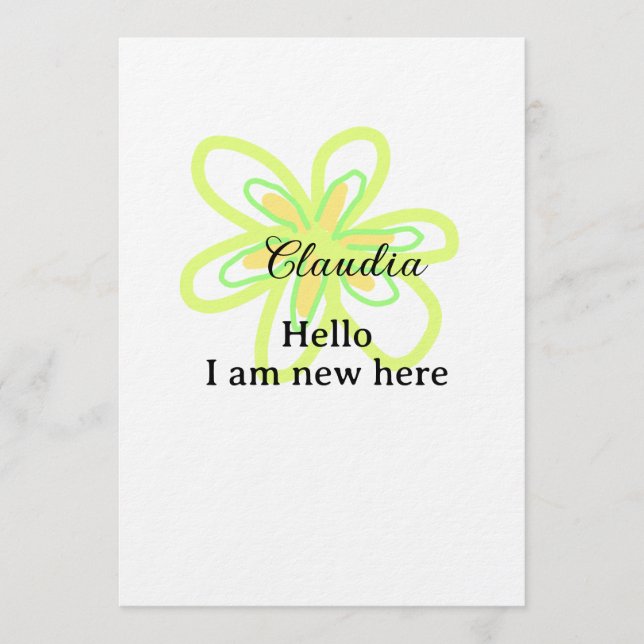 Convites Hello I am new here name yellow green flower kids (Frente)