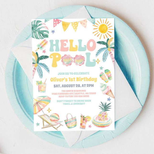 Convites Hello Pool Beach Party Summer Birthday Invitation (Criador carregado)
