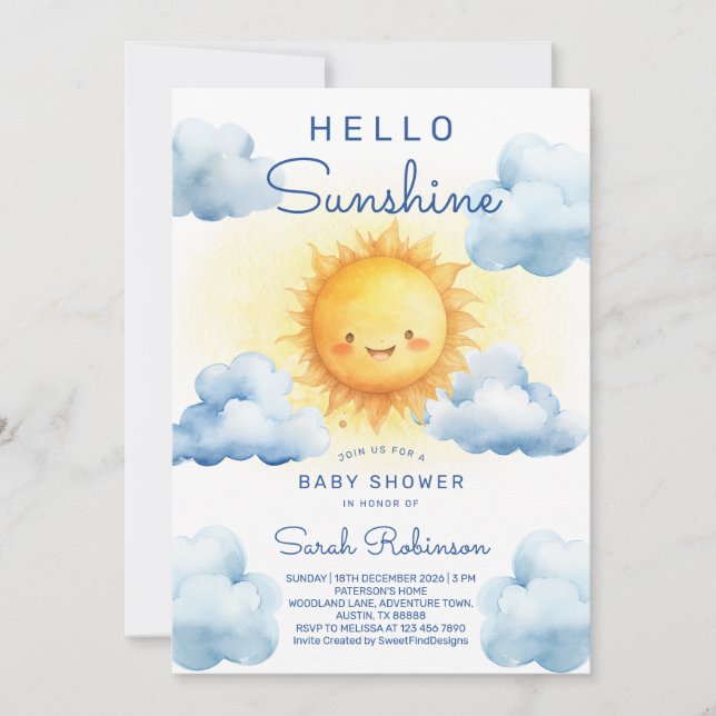 Convites Hello Sunshine Baby Shower (Frente)
