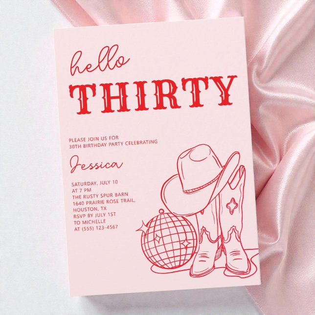 Convites Hello Thirty Pink Western 30th Birthday Party (Hello Thirty Pink Western 30th Birthday Party Invitation)