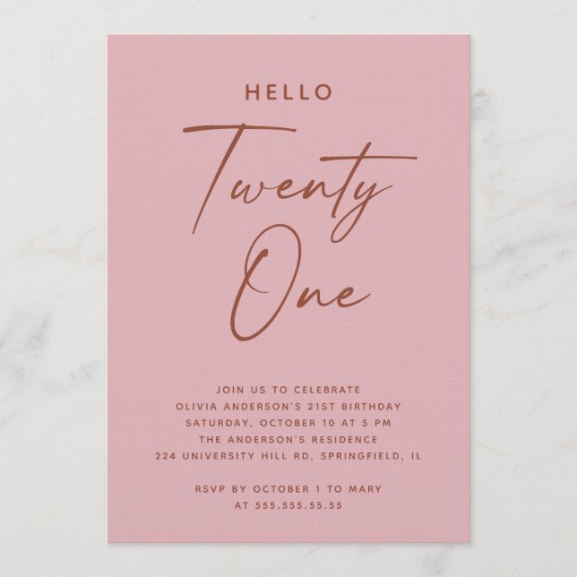 Convites Hello Twenty One | Dusty Rose Pink 21st Birthday (Frente)