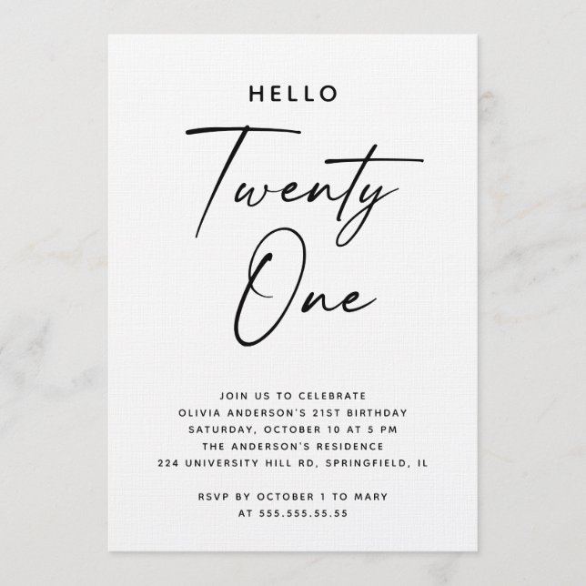 Convites Hello Twenty One | Modern Script 21st Birthday (Frente)