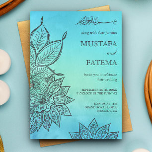 Convites Henna Islâmica Aquarela Azul Casamento