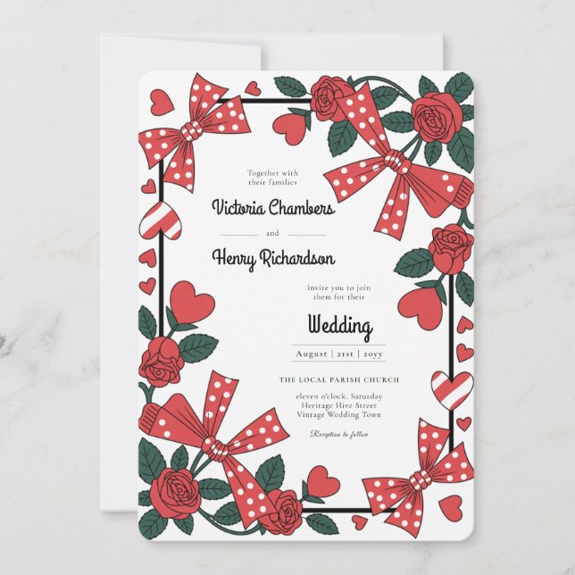 Convites Herança | Casamento Retro Rockabilly Rosa Vermelha (Frente)