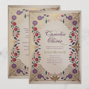 Convites Herança Floral Medieval Casamento Roxo Vermelho Do