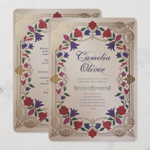Convites Herança Floral Medieval Casamento Tom de Joia Dour