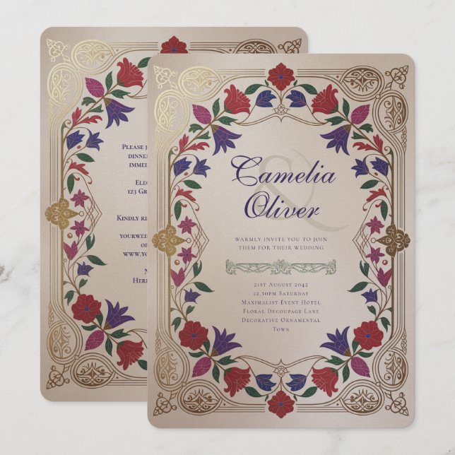 Convites Herança Floral Medieval Casamento Tom de Joia Dour (Frente/Verso)