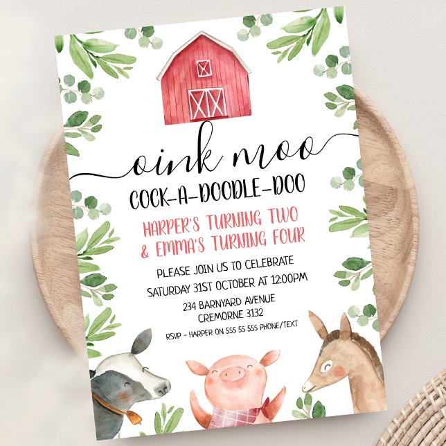 Convites Herbívoros Vermelhos (Red Barn Foliage Join Farm Birthday Invitation Farmyard Animals Joint Birthday party Invite Oink Moo)