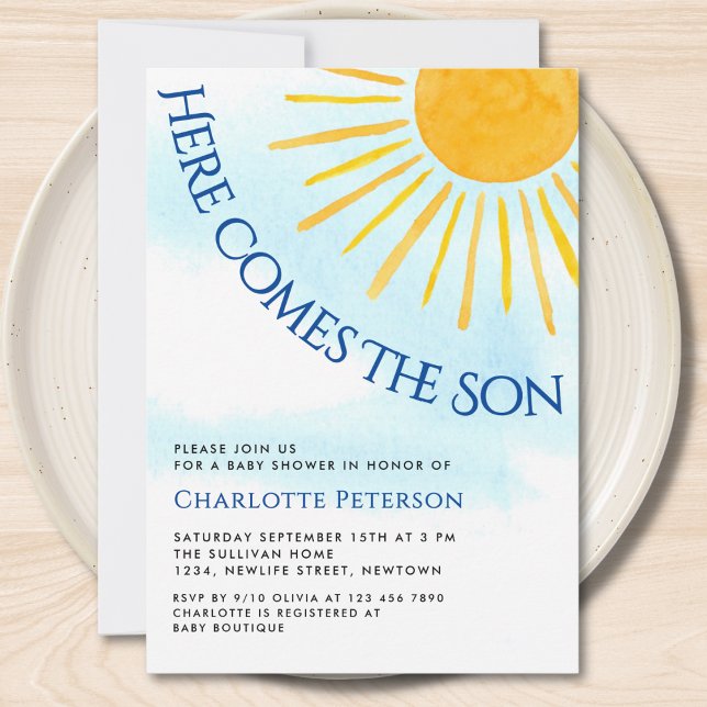 Convites Here Comes The Son Blue Sky Baby Shower Invitation (Criador carregado)