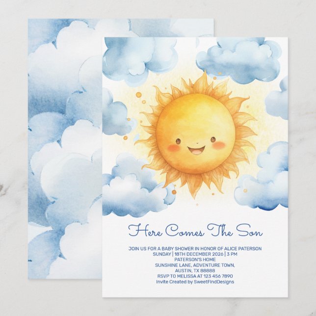 Convites Here Comes The Son Editable Baby Boy Shower (Frente/Verso)