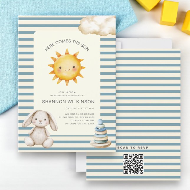 Convites Here comes the son QR code stripes baby shower (Criador carregado)