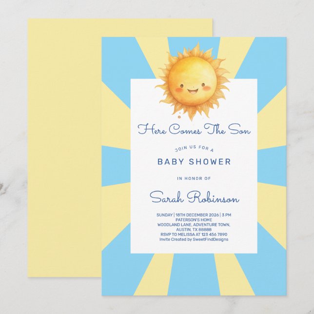 Convites Here Comes The Son Retro Baby Shower (Frente/Verso)