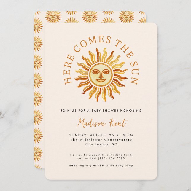 Convites Here Comes the Sun Modern Boho Sun Baby Shower (Frente/Verso)