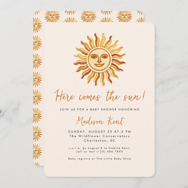 Convites Here Comes the Sun Modern Boho Sun Baby Shower (Frente/Verso)