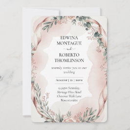 Convites Heritage Blush Ribbon Watercolor Botanical Wedding