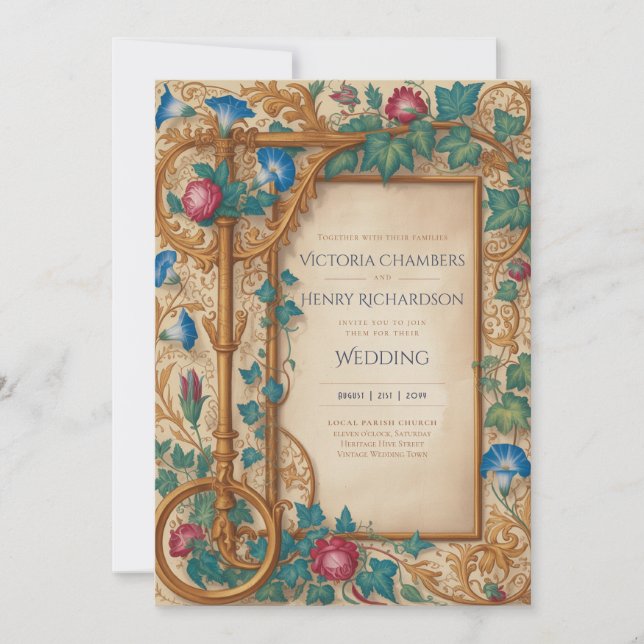 Convites Heritage | Casamento de Joia Dourada Medieval Rena (Frente)