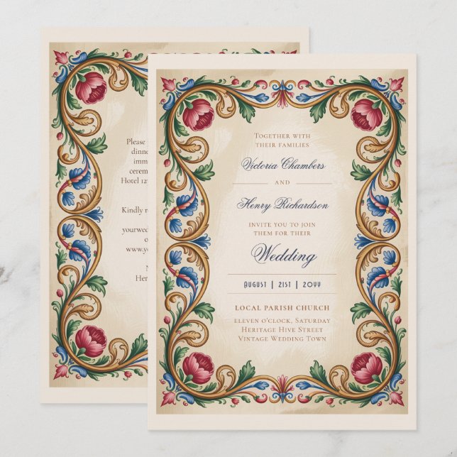 Convites Heritage | Casamento de Joia Dourada Medieval Rena (Frente/Verso)