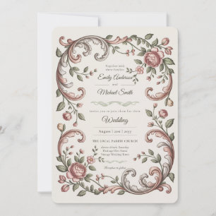 Convites Heritage Casamento Floral Rococó com Tom de Rosa
