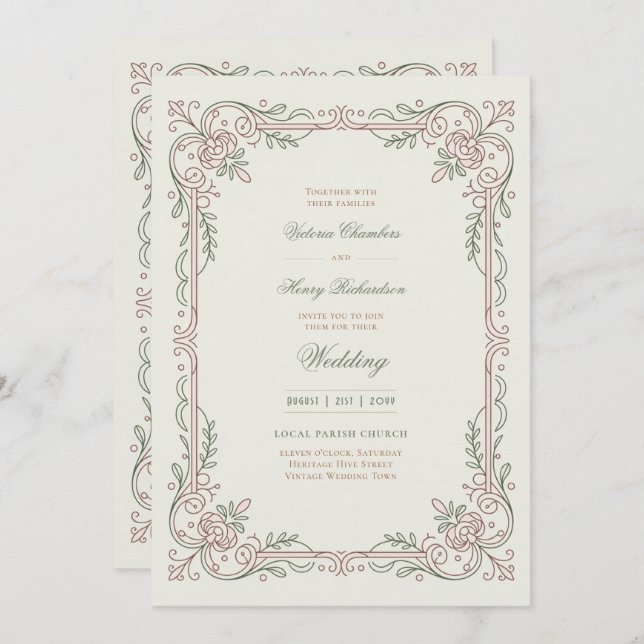 Convites Heritage | Edwardian Rose Filigree Wedding (Frente/Verso)