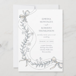 Convites Heritage Floral Ribbon Hand Drawn Elegant Wedding