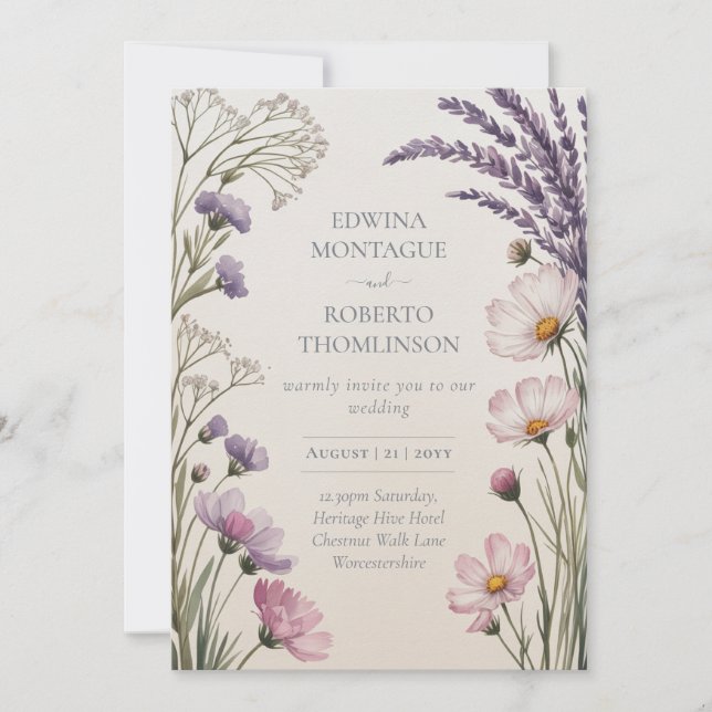 Convites Heritage Lavender Meadow Wildflower Wedding (Frente)