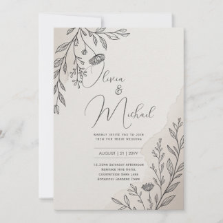 Convites Heritage Minimal Floral Line Art Modern Wedding