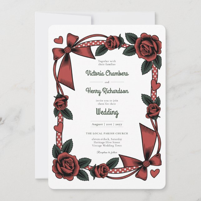 Convites Heritage | Retro 1950s Rockabilly Red Rose Wedding (Frente)