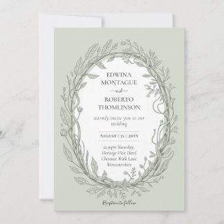 Convites Heritage Sage Green Botanical Wreath Elegant Weddi