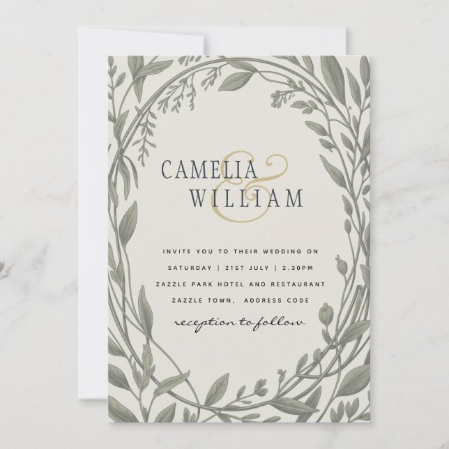 Convites Heritage Sage Verde Botânico Casamento Elegante (Frente)