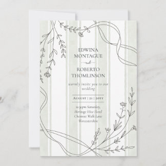 Convites Heritage Stripe & Line Art Botanical Ribbon Weddin