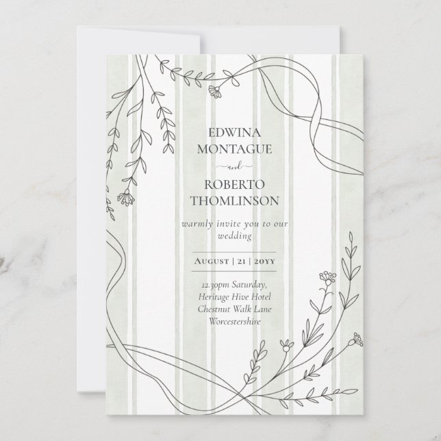 Convites Heritage Stripe & Line Art Botanical Ribbon Weddin (Frente)