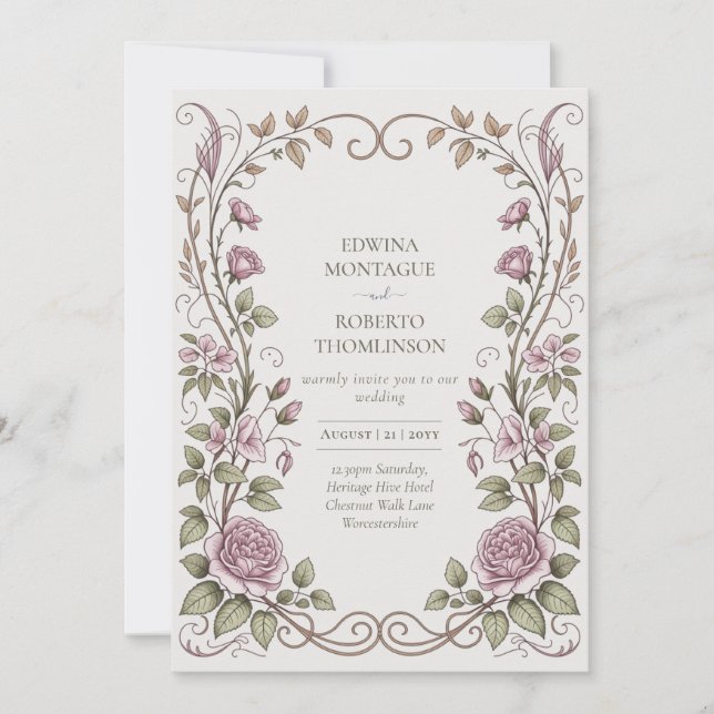 Convites Heritage Victorian Botanical Rose Wedding (Frente)