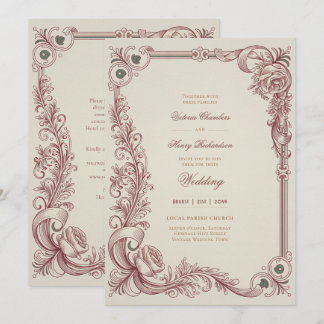 Convites Heritage | Victorian Burgundy Scrollwork Wedding