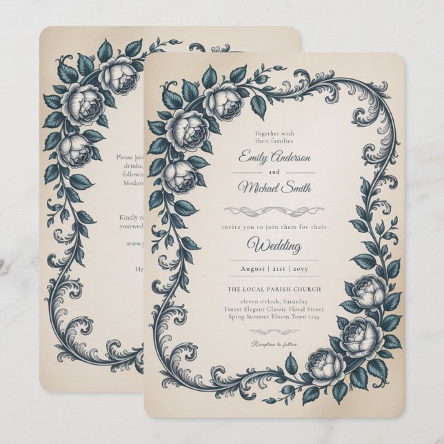 Convites Heritage | Victorian Dusty Blue  Casamento Botânic (Frente/Verso)