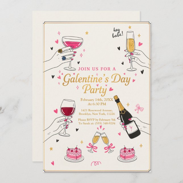 Convites Hey Babe Galentines Party Wine Cake (Frente/Verso)