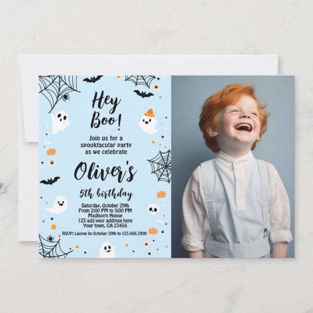 Convites Hey Boo, invitación de Halloween azul con foto (Frente)