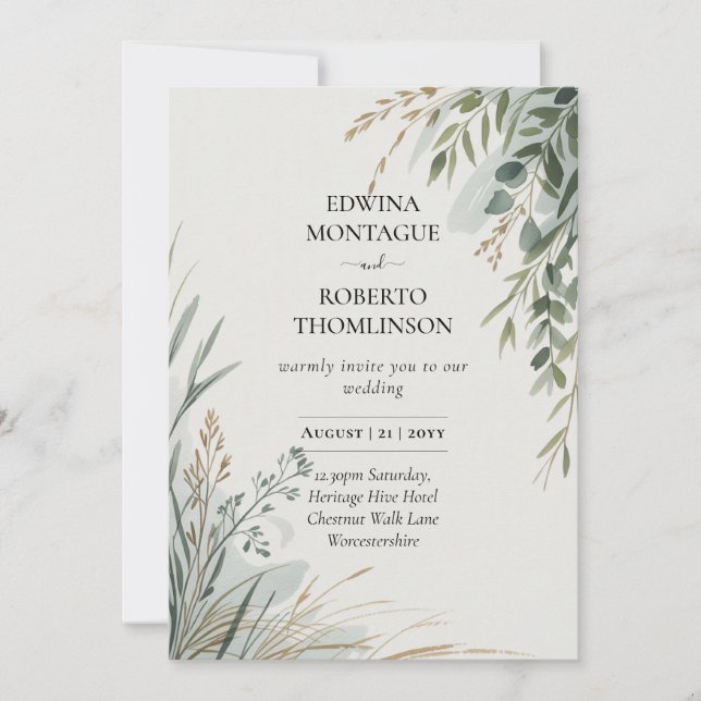 Convites HHS Greenery Botanical Watercolor Elegant Wedding (Frente)