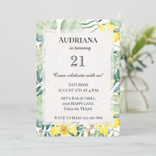 Convites Hibisco Amarelo Tropical Folhas Florais Aniversári