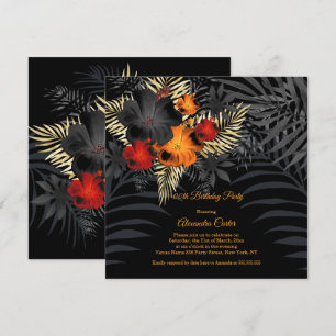 Convites Hibisco Floral Laranja Vermelho Preto Aniversário