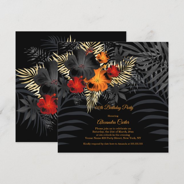 Convites Hibisco Floral Laranja Vermelho Preto Aniversário (Frente/Verso)
