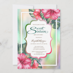 Convites Hibisco Moldura Holográfico Sweet 16