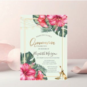 Convites Hibisco, Saltos Dourados Brilhantes Quinceanera