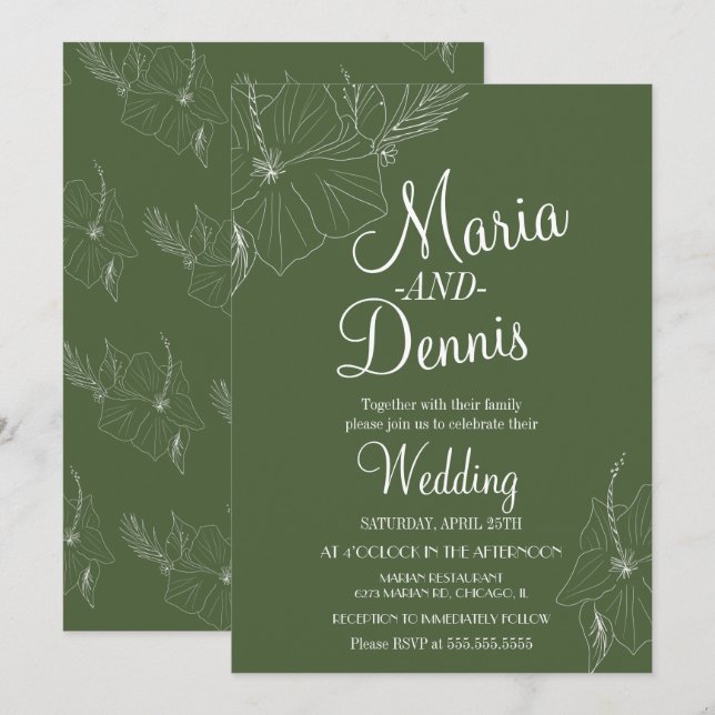 Convites Hibisco Simples Linha Tropical Verde (Frente/Verso)