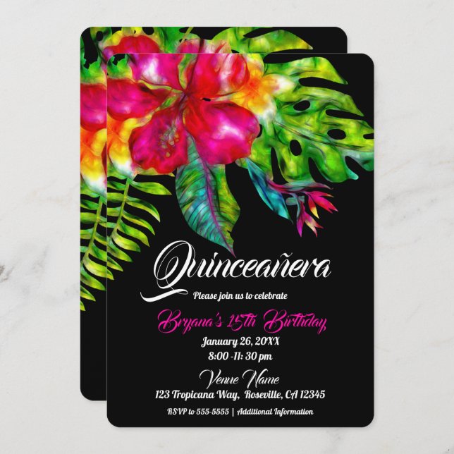 Convites Hibisco Tropical Brilhante Deixa Quinceañera (Frente/Verso)