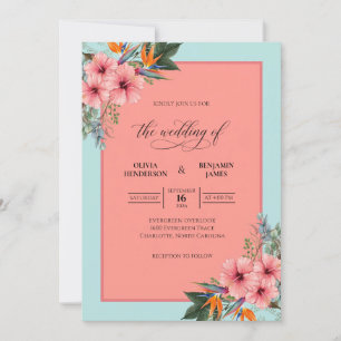 Convites Hibisco Tropical Coral Eucalipto Suave Casamento