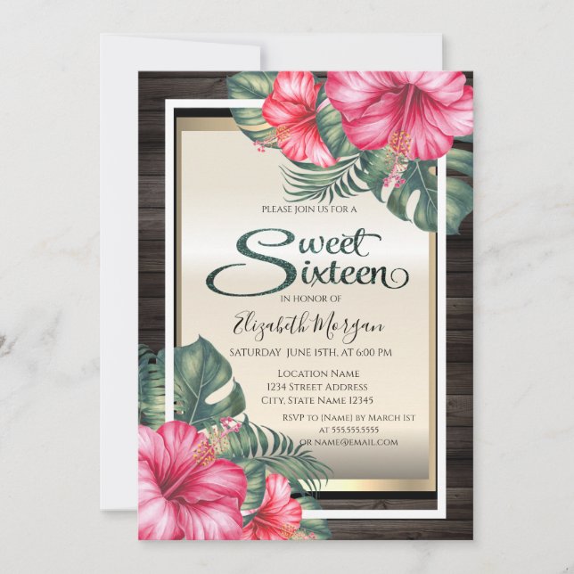 Convites Hibisco Tropical Madeira Sweet 16 (Frente)
