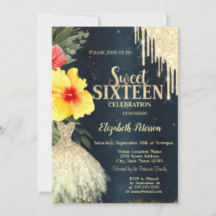 Convites Hibiscus Gold Gotas, Vestido Azul Escuro Sweet 16
